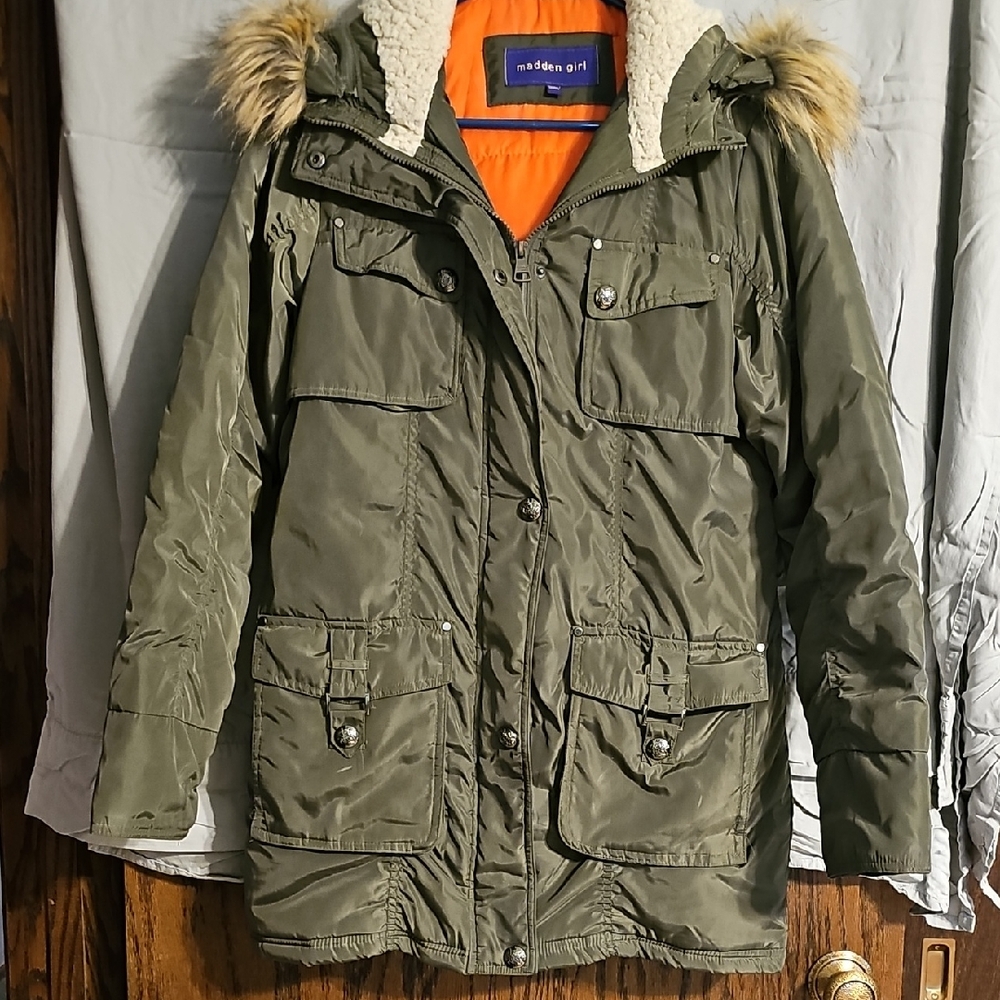 Madden Girl Olive Utility Jacket with Faux Fur Hood